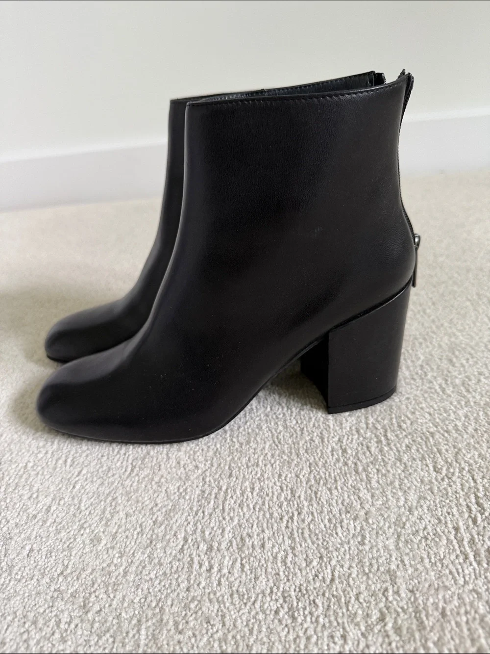 Stuart Weitzman Bacari Zip Black Leather Mid-Heel Ankle Booties